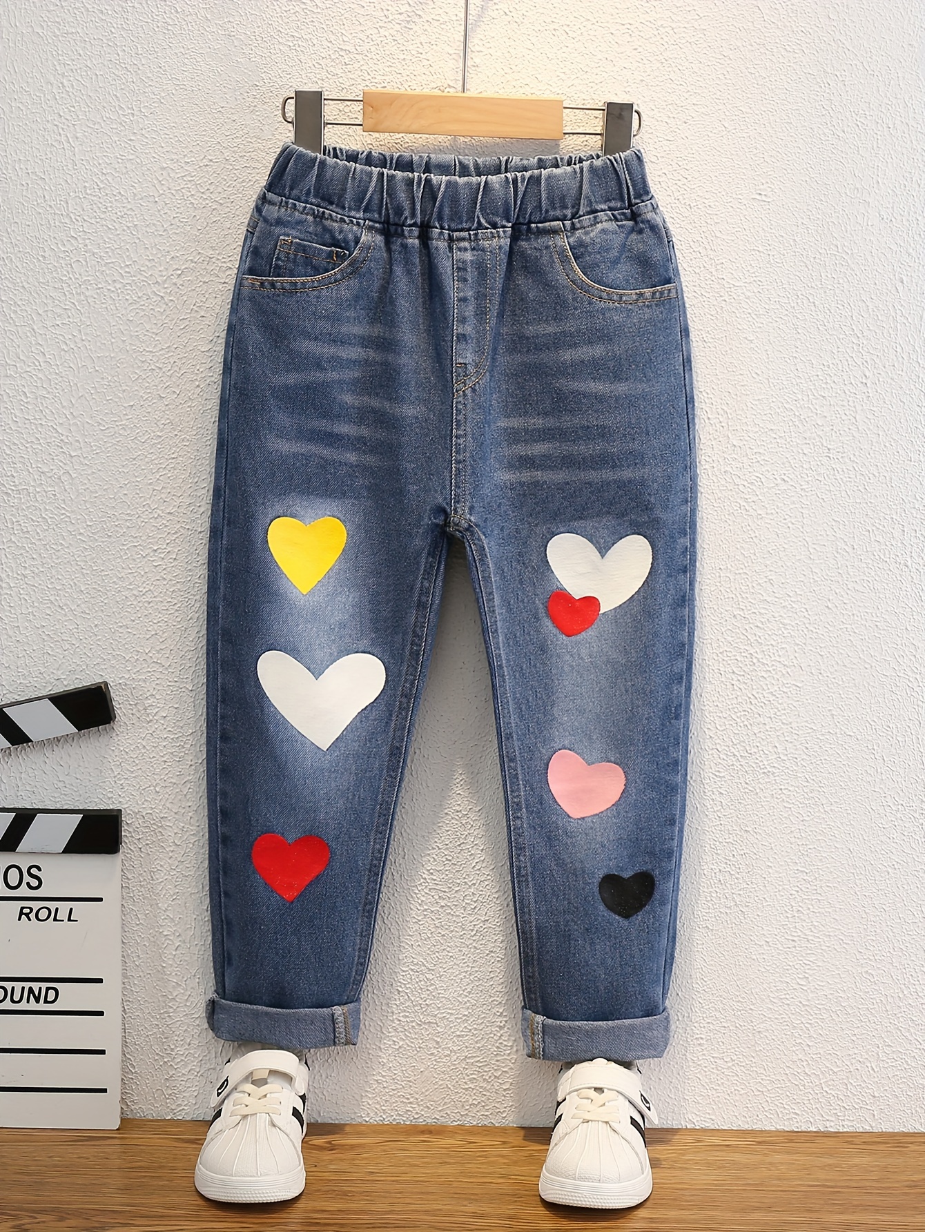 Girls Cute Heart Graphic Roll Hem Elastic Waist Casual Jeans - Temu