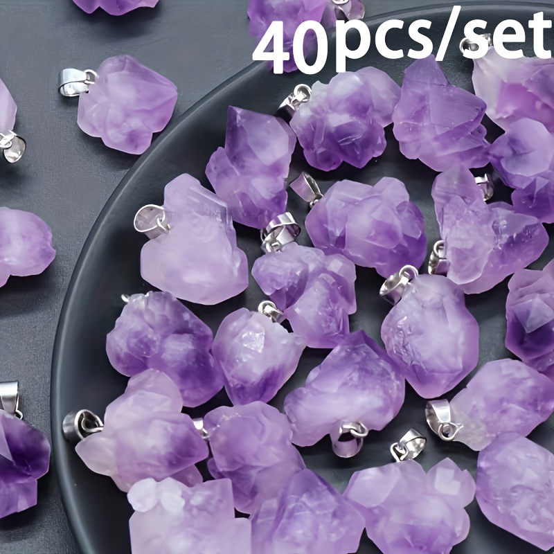 Set Of 40 Natural Stone Amethyst Pendants - Irregular Shapes With Silvery Loops Ideal For Jewelry Crafting, Great For Additions For Handmade Necklaces, Bracelets, And Earrings For Men And Women
