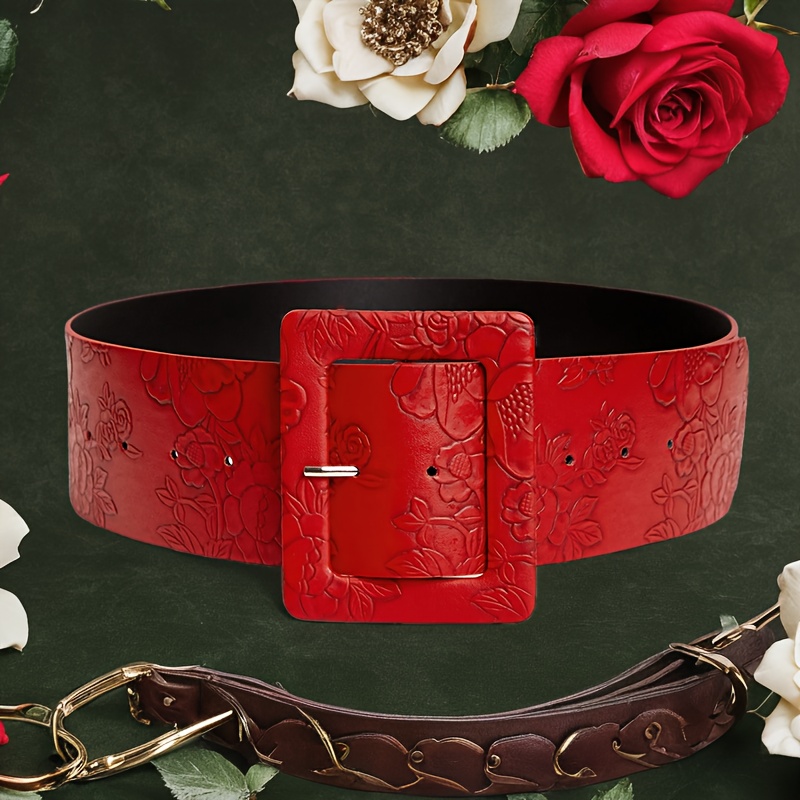 

Size Red Wide Belt With Embossed Floral - Versatile Pu Leather Waistband For Dresses & Coats, Fits 27.5"-40.1" Waist