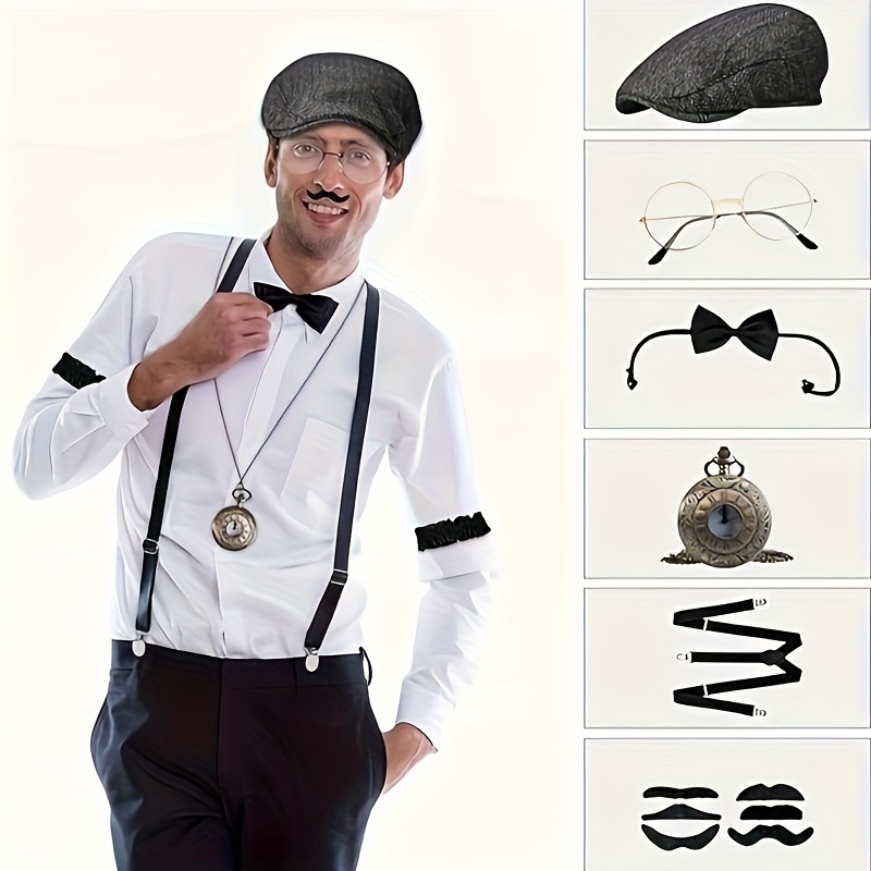 roaring 20s mens costume set 1920s hat tie bow tie vintage pocket watch adjustable suspenders glasses and beard great style toys games temu Temu