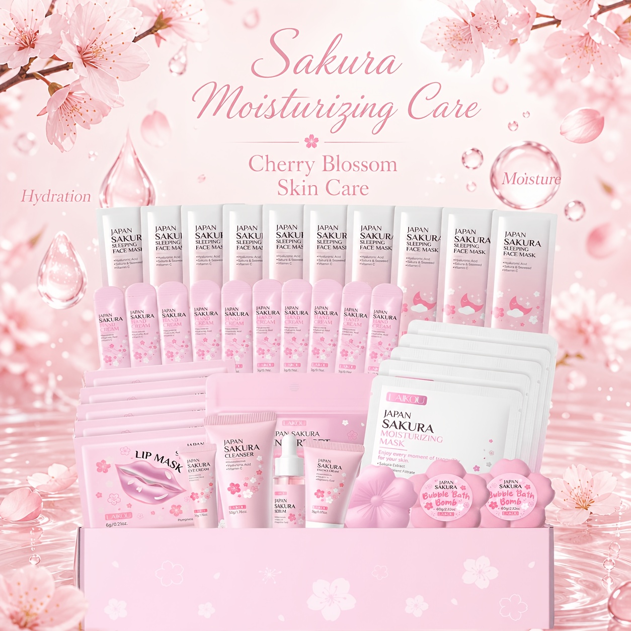 Laikou Sakura Cherry Skincare Gift Set Mega-bundle. Full-body Moisturizing Routine With Hydrating Face Masks, Hand Creams, Serum & For A Glow., Daily Use, Suitable For Festival Gifts