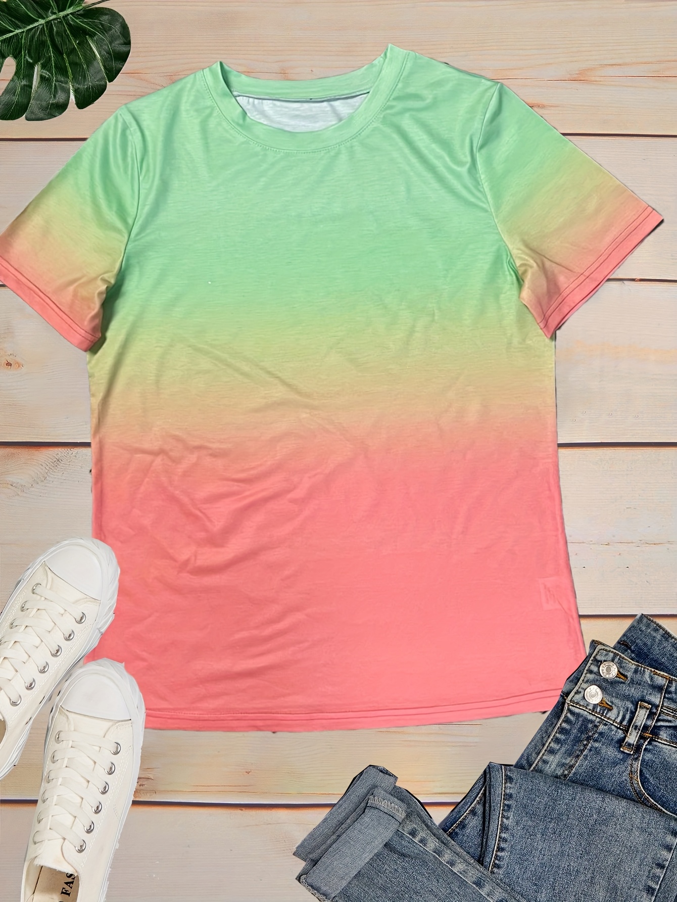Gradient Crew Neck T-shirt, Short Sleeve Casual Top For Spring & Summer, Women's Clothing