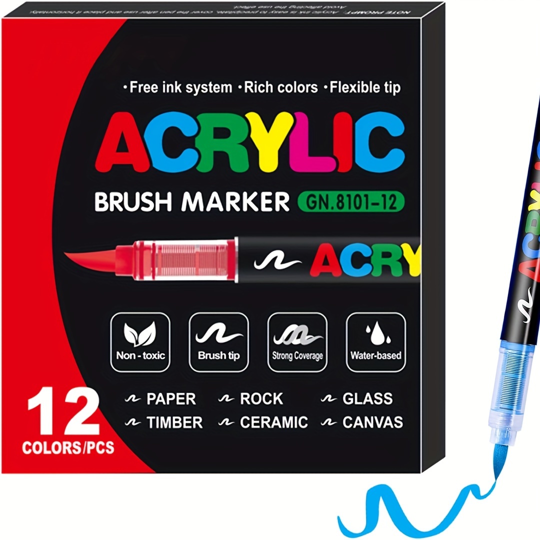 

12 Color Acrylic Brush Markers - Soft Head, Non-toxic, Waterproof, Suitable For Paper, Rock, Glass, Timber, Ceramic, Canvas - Diy Crafts And Art Projects