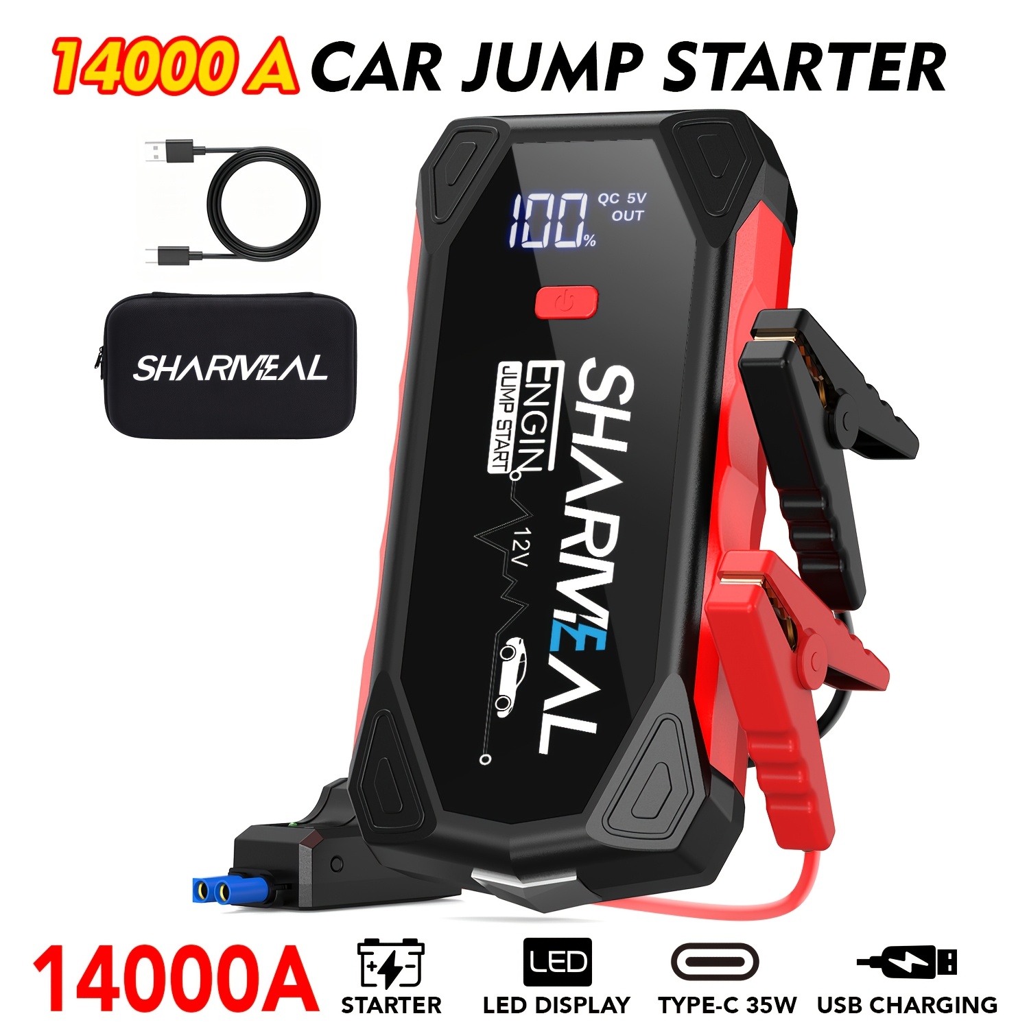 TEMU 14000a-8000a 3-in-1 Portable Jump Starter, 12v Car Battery Jump Starter Pack For Up To 10l Gas And All Engines, With 3-mode Flashlight And Jumper Cables