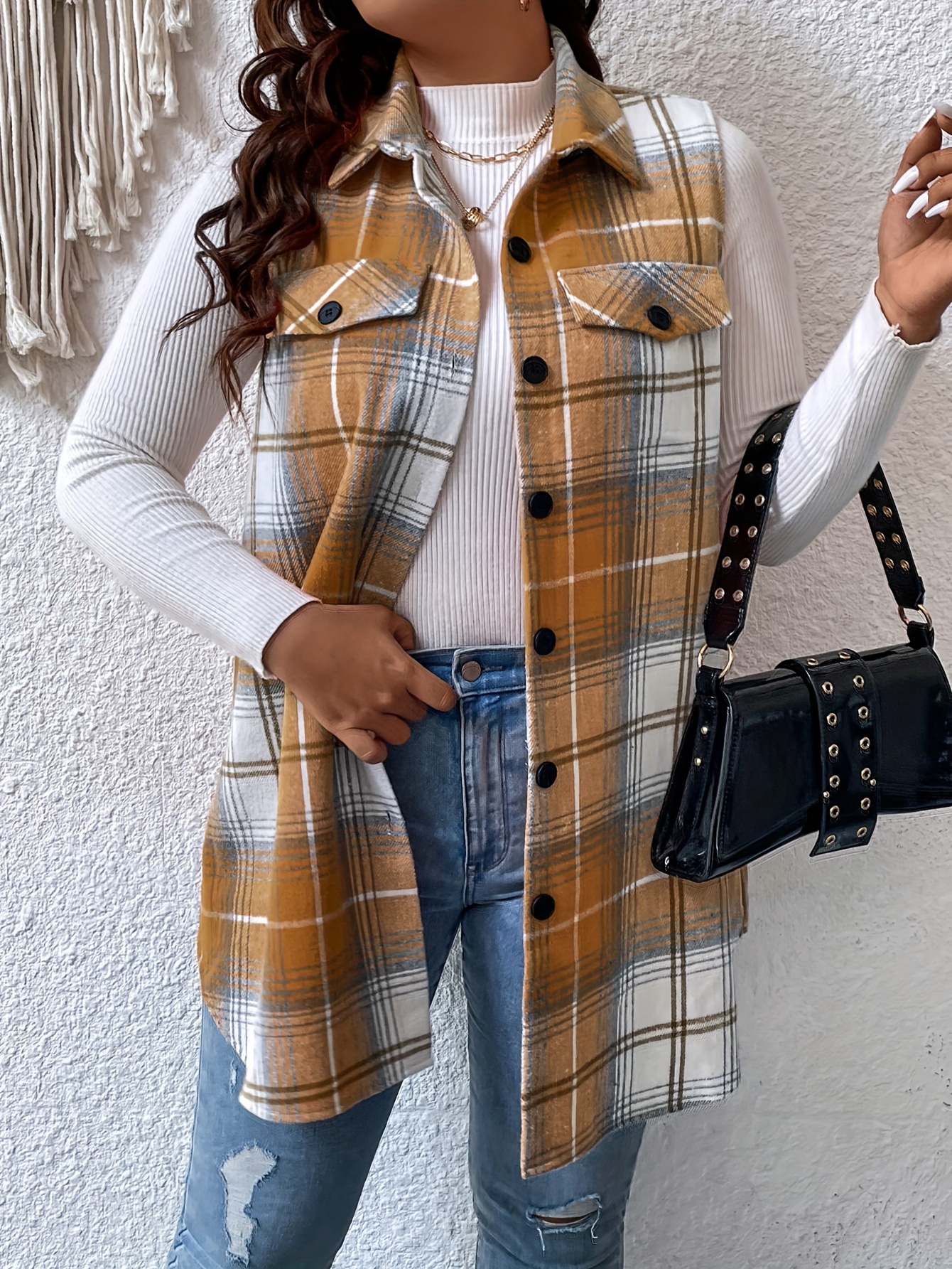 Plus Size Plaid Pattern Button Front Vest, Casual Sleeveless Flap Detail Gilet Jacket For Fall & Spring, Women's Plus Size Clothing