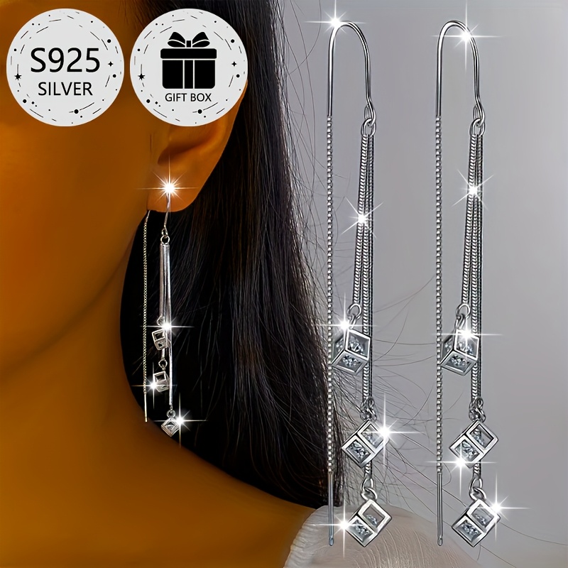 

Elegant 2pcs Tassel Cube Zirconia Drop Earrings For Women, 925 Sterling Silver, Luxury Gift Box Included - Valentine's Day, Parties, Weddings, And , Heart-shaped, Total Weight, Commuting