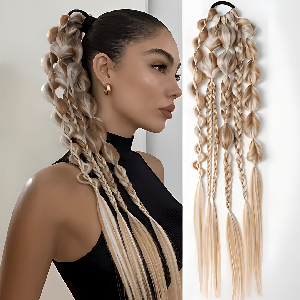 E-shop 24-Zoll realistische geflochtene lockige Damen-Perücken-Pferdeschwanz mit Twist-Zöpfen, angesagter Stil, elastisches Haarteil, geeignet für