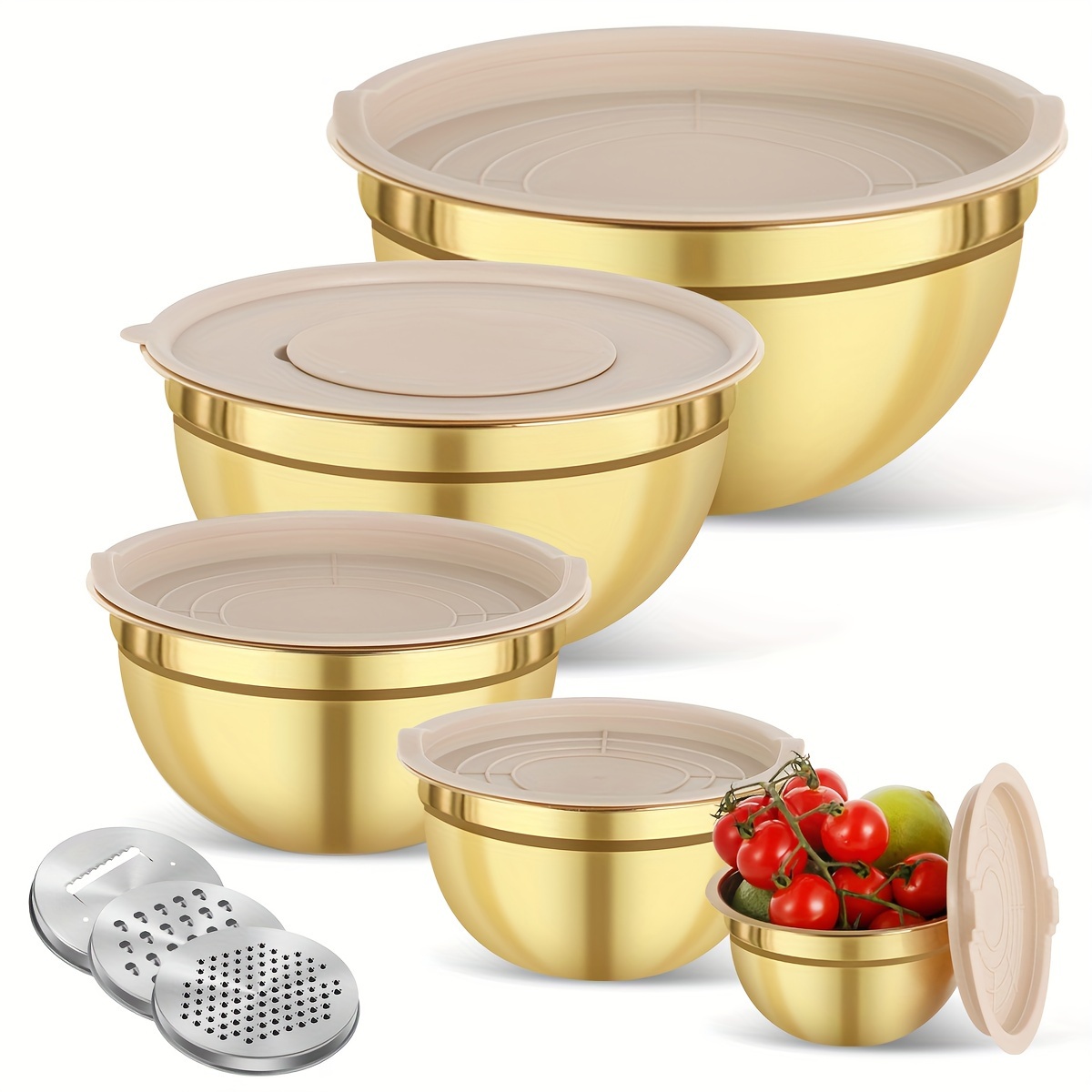 

10pcs Golden Stainless Steel Set With & Grater - Baking, Cooking, Salads | Dishwasher Safe | 500ml/1400ml/2350ml/4000ml/6500ml Sizes