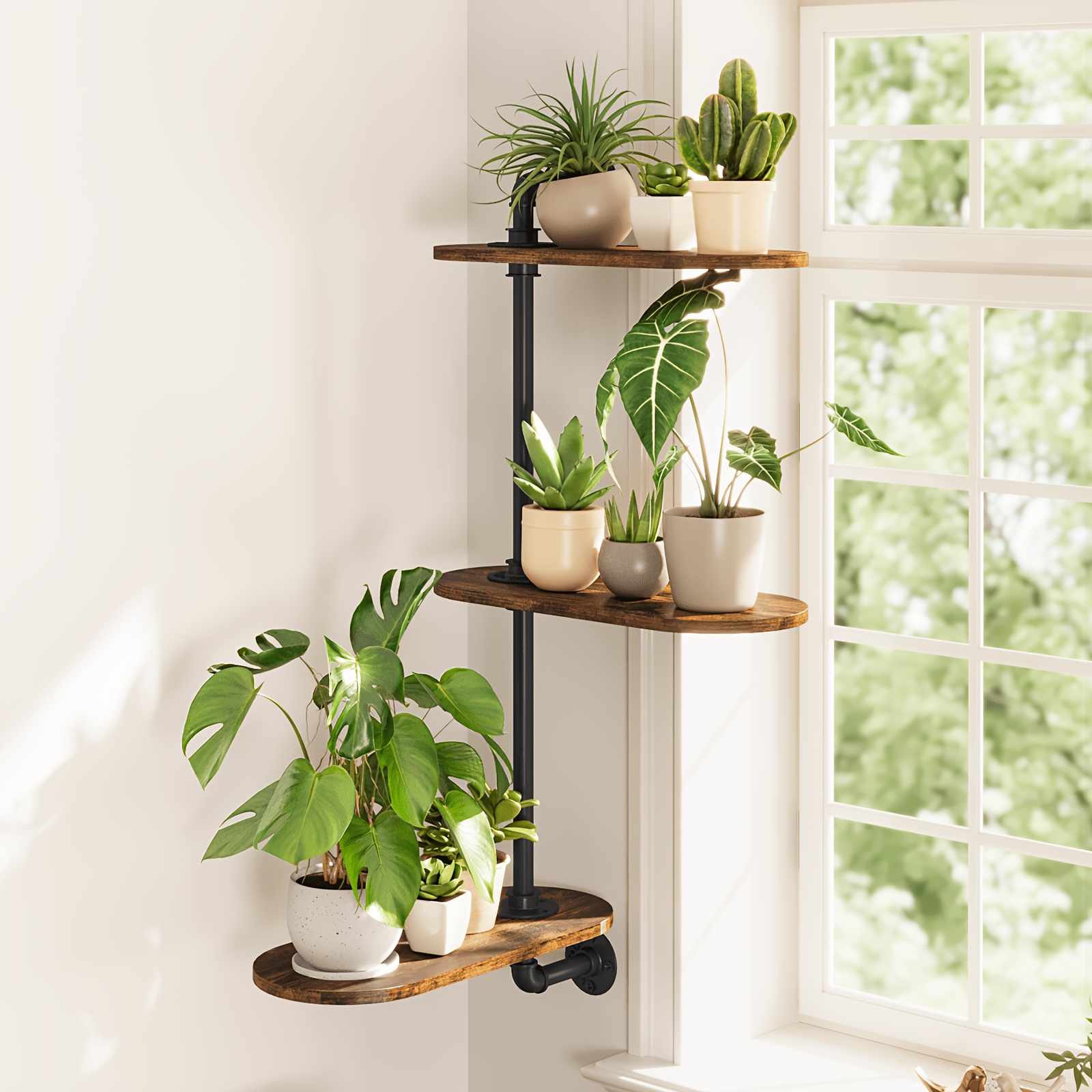 Image of Bamworld 3 Tier Rotating Window Plant Shelf, An Industrial Style Wooden Wall Mounted Plant Stand That Enhances Light For Indoor Plants, A Great Gift Idea For Plant Lovers