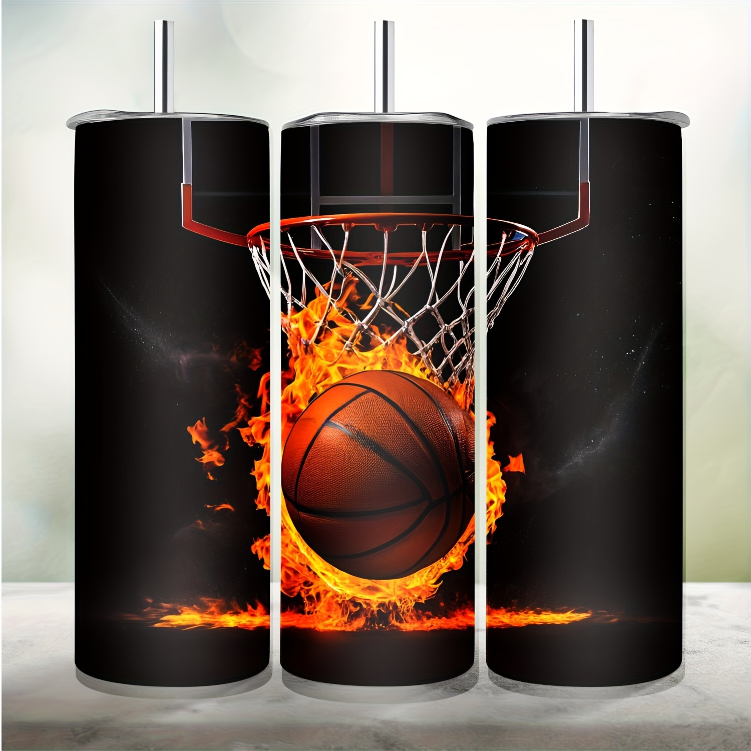 

20oz Vacuum Insulated Sports Water Bottle With Flaming Basketball Design, 304 Stainless Steel, Double-wall, Comes With Straw Lid & Stainless Steel Straw, Suitable For Hot & Cold Beverages