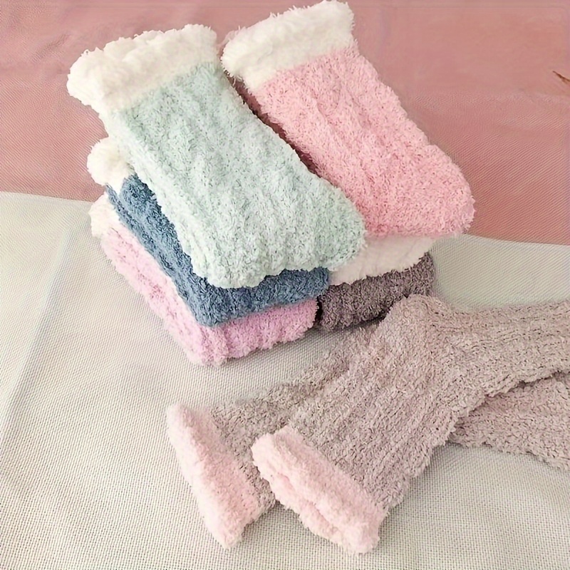 

5pcs Cozy Coral Fleece Women's Socks - & Warm Mid-calf Floor Socks In Assorted Pastel Colors, Soft Ribbed Texture, Machine Washable, Cute Socks