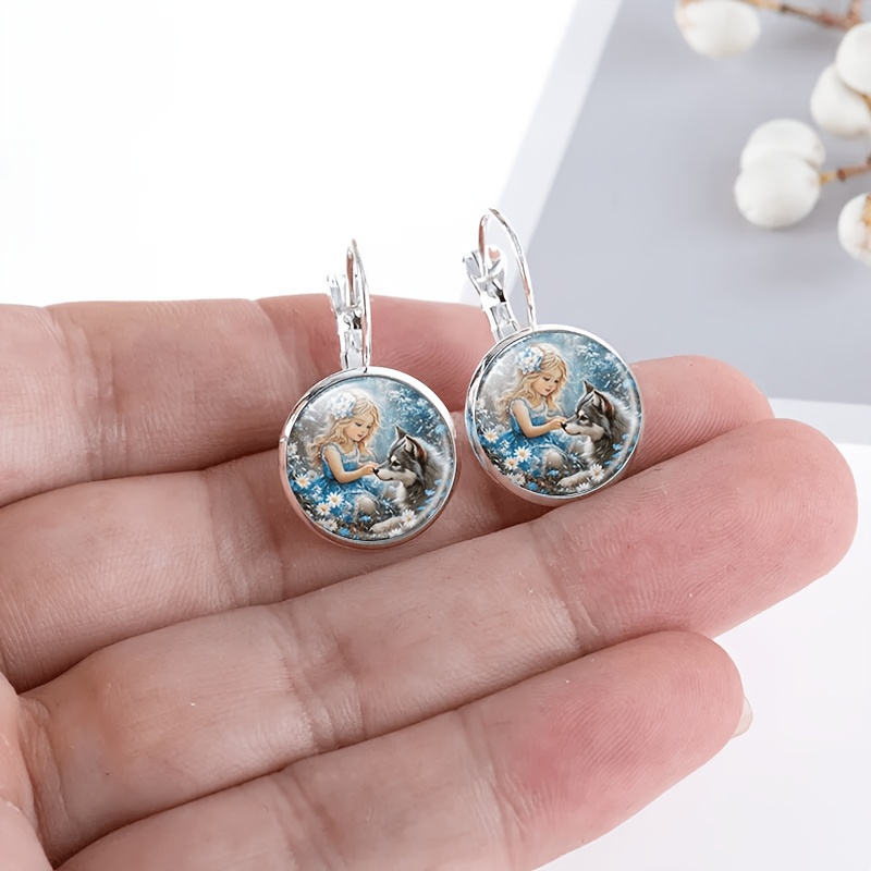 2pcs Set White French Ear Hook Earrings, Wolf and Flower Design