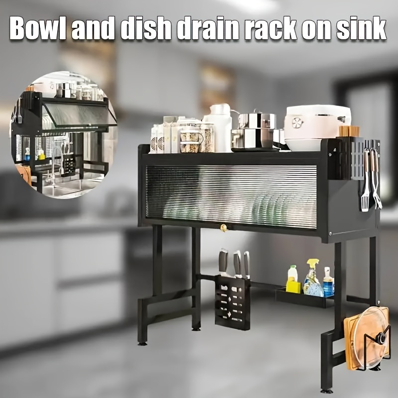 TEMU Metal Kitchen Sink Organizer, Multi-functional Dish Drying Rack With Dustproof Cabinet Door, Reinforced Thickened Material, Large Capacity,