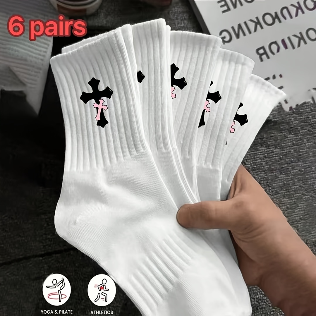 6-pair Solid Sports Cross Versatile Breathable Sweat-wicking Stretchable Mid-calf Socks For Women And Couples