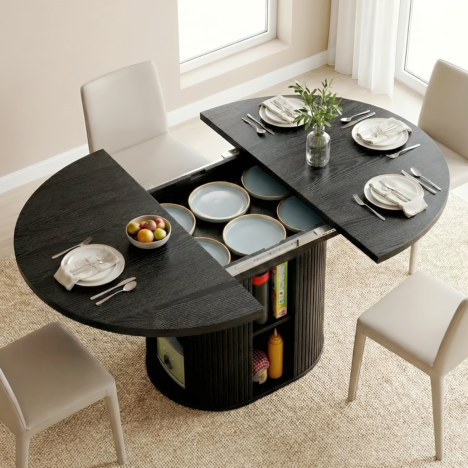 Round Dining Table, Foldable Dining Table With Storage, Oval Wooden Kitchen Table For 8 People, Suitable For Dining Rooms And Kitchens, 150 X 110 X 77 Cm, Extendable Folding Dining Sturdy
