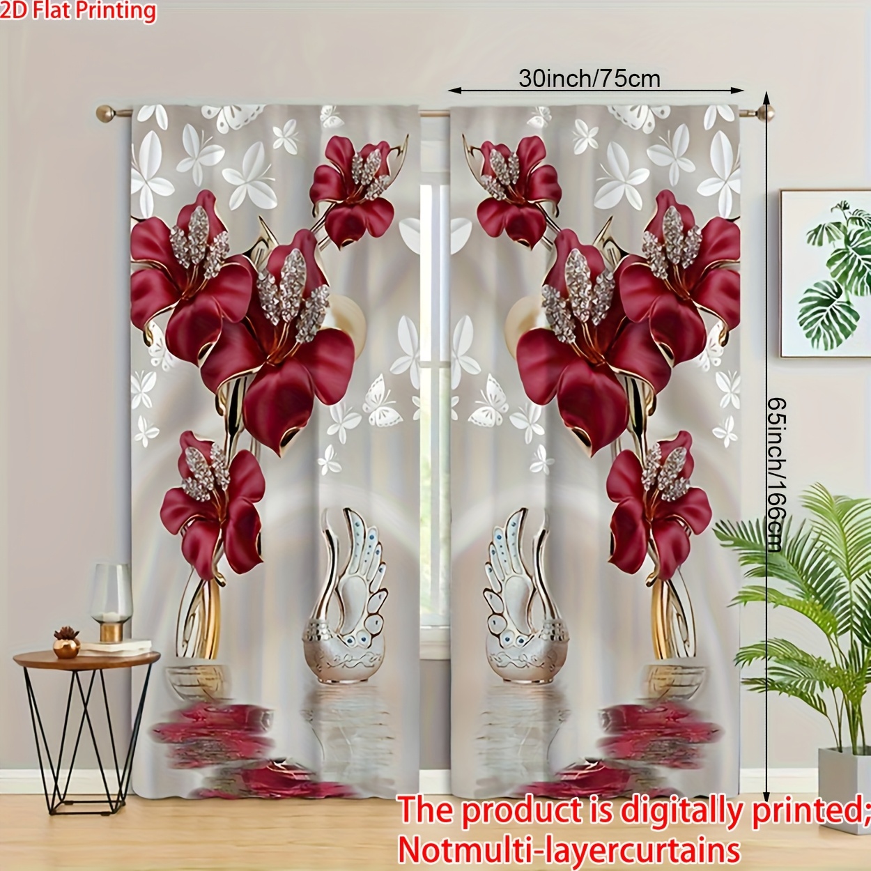 2pcs, 2d Printed Elegant Floral Sheer Curtains - Easy-to-hang Rod , Bedroom And Living Room Decor, Polyester Material