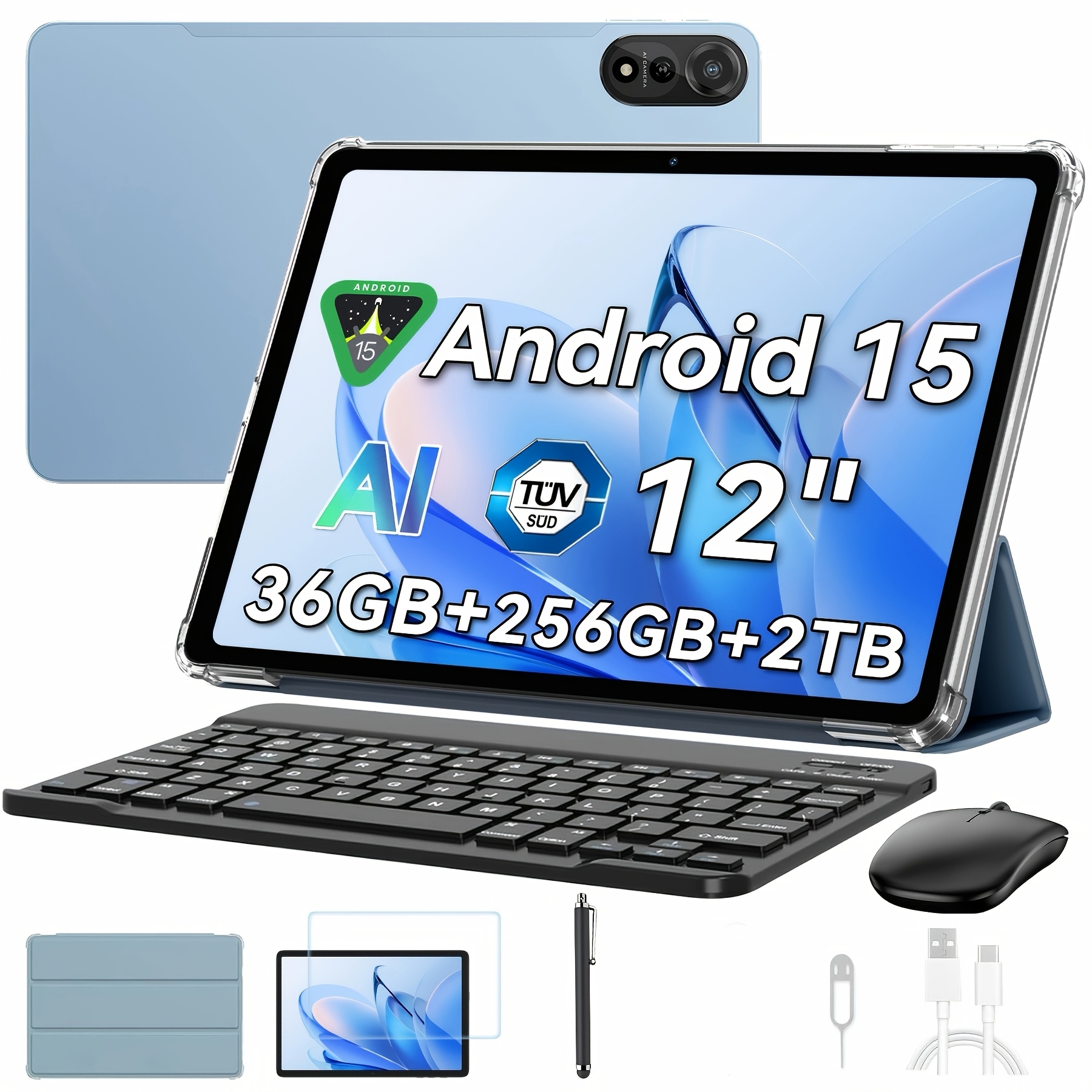 Image of Blackview Mega2 15 Tablet 12 Inch, 36 (12+24) Gb +256gb Rom, 2k Fhd Gaming Tablet With Keyboard Mouse Non-electric Stylus Headphones, 4g Lte+5g Wifi, 9000mah, L1, Dual Camera, , Gps, Case