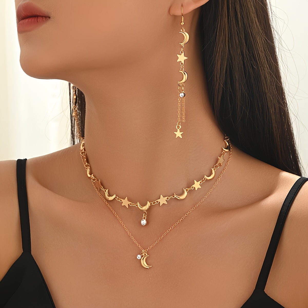 TEMU A Two-piece Set Featuring A Multi-layered Chain With Star And Pendants, Along With Tassel Earrings, Wear, Parties, And Holiday Gifts