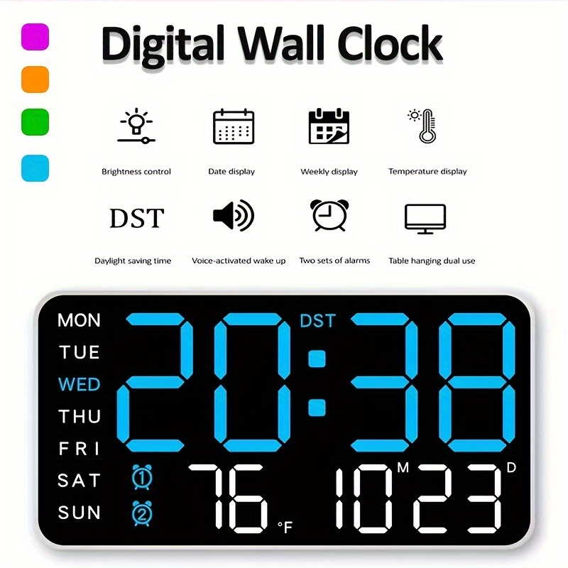 

Voice-activated Digital Wall Clock With Temperature Display, Date & Day Of - Dual Alarm, 12/24 Hour , Adjustable , , Rectangular, Battery Operated - Bedroom Decor & Christmas/new Year Gifts