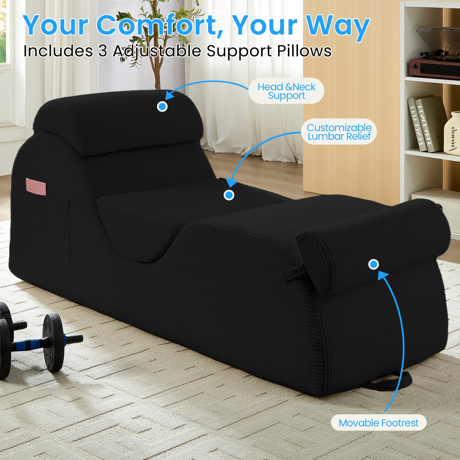 Striped Adult Yoga Chair, Indoor Toilet Chair with Side Pockets, Headrest, Lumbar Cushion, Movable Footrest, Curved Yoga Sofa for Relaxing And Stretching in Bedroom, Black