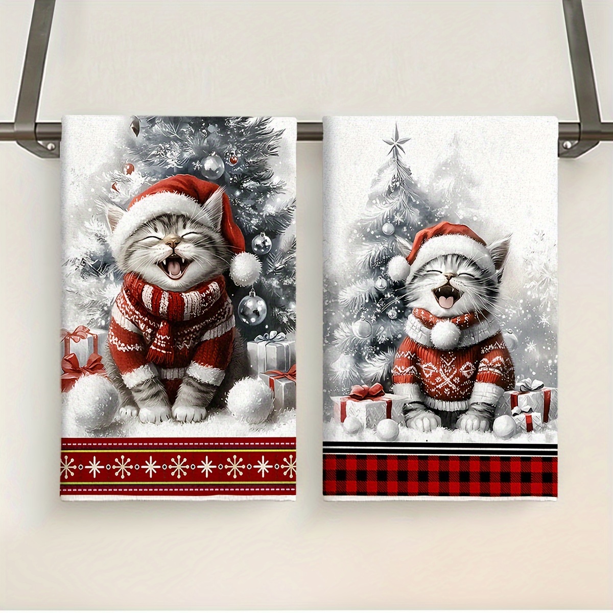 TEMU 2-pack Kitten Christmas Dish Towels, Modern Polyester Kitchen Towels, Soft Fingertip Towel Set, Rectangular, Super Fine Knit, Anime Theme,
