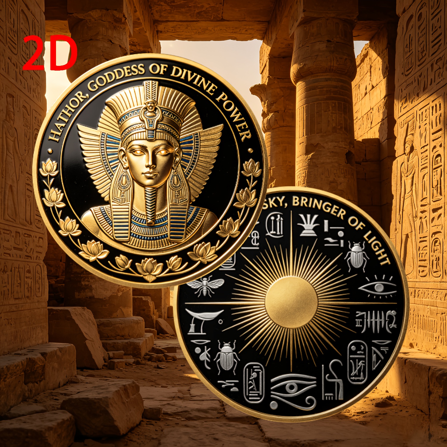 TEMU Replica Coin 1pc, 2d Metal Ancient Hathor Commemorative Coin, Double-sided Intricate Engraving Of 's Head And Sun Ray Hieroglyphic Design,
