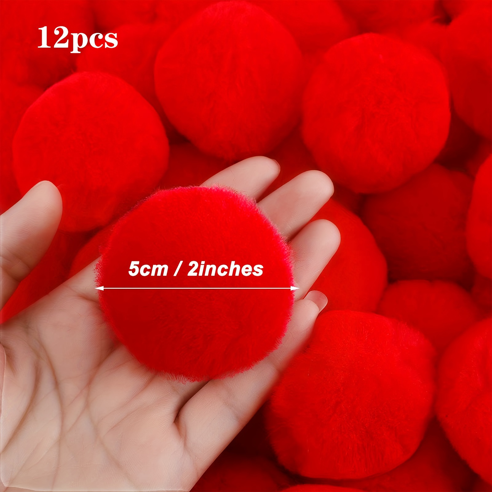 Image of 12pcs Of Large Red Faux Fur Pom Poms, Perfect For Holiday Crafts And Christmas Costume Supplies, Measuring 2 Inches