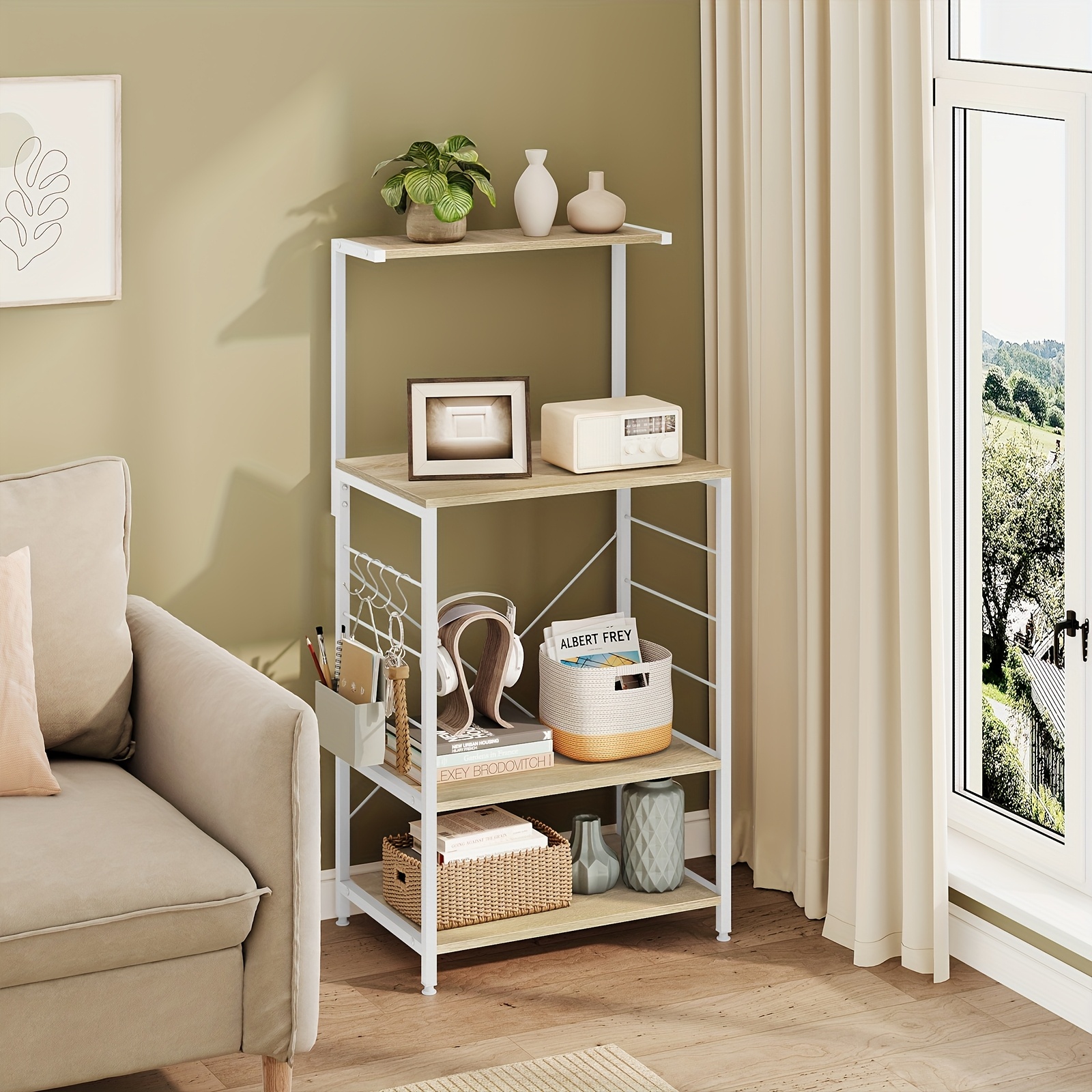 1 étagère de cuisine sur pied, étagère pour micro-ondes, étagère à pain, étagère de ménage, chêne clair + blanc