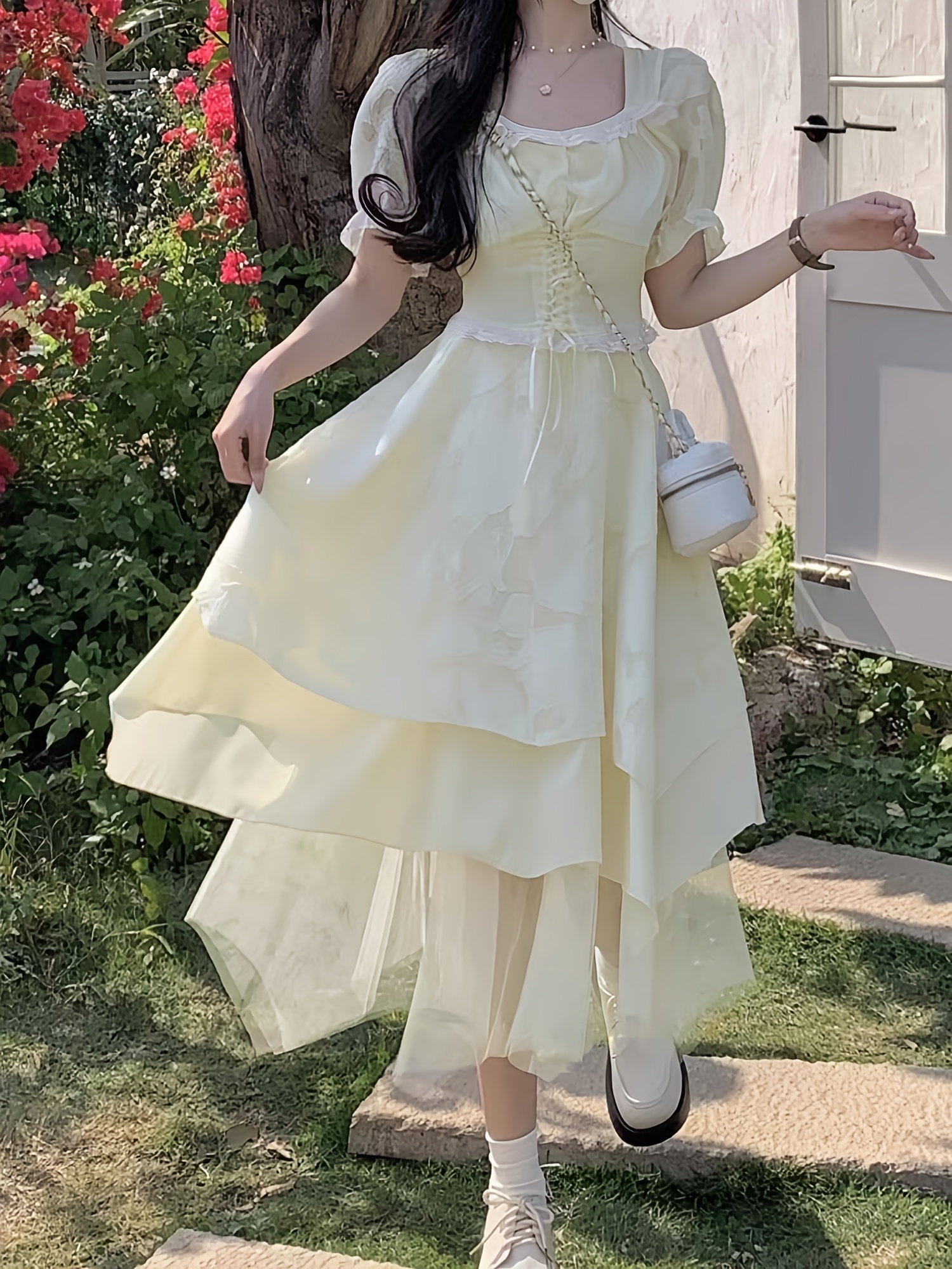 Summer * Apricot Color Dress * * * Chiffon Skirt, Cake Puff Skirt,  Waist-Tied Irregular Ruffle Princess Fairy Dress