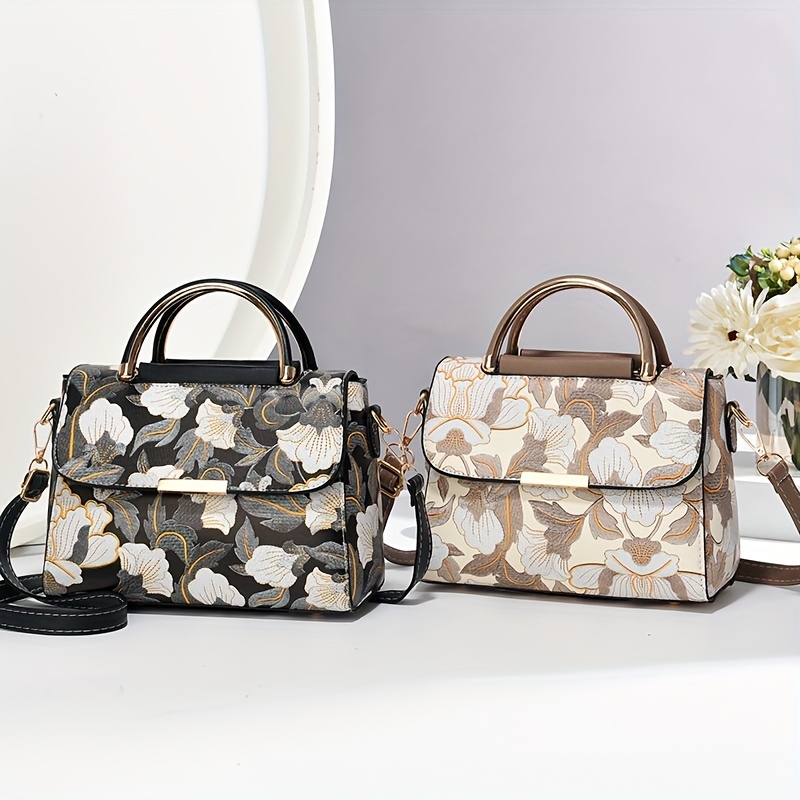 Elegant Floral Print Women's Handbag - Stylish Crossbody Bag with Golden-Tone Hardware, White Base & Black/Beige Floral Pattern, Lightweight & Spacious for Everyday Use