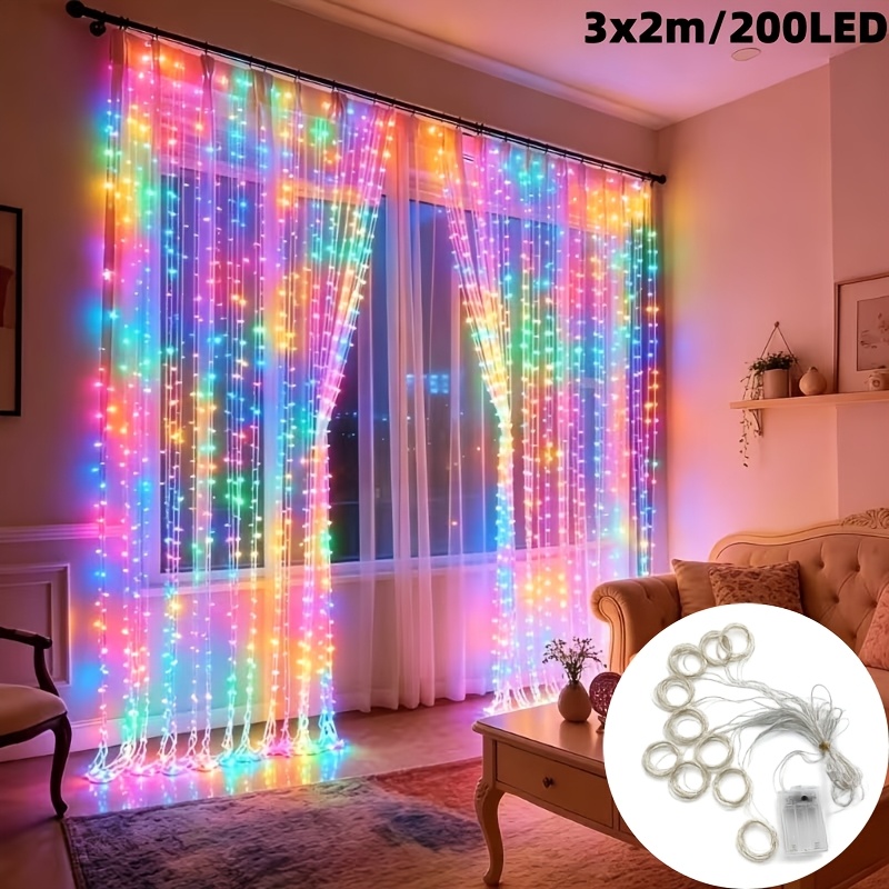 TEMU 1 Stuk Veelkleurige Feeën Gordijn Snoerverlichting, 200 LED, Werkt op Batterijdoos (Batterijen Niet Inbegrepen), 8 Knipperstanden, Kerst- en