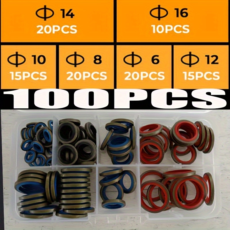 

100pcs Electrapick Assorted Sealing Gasket Set - M6 To M16 Sizes, Rubber & Metal Flat Washer Gaskets For Leak In Automotive & Home Repairs, Includes Nut & Bolt Kit, Electrapick