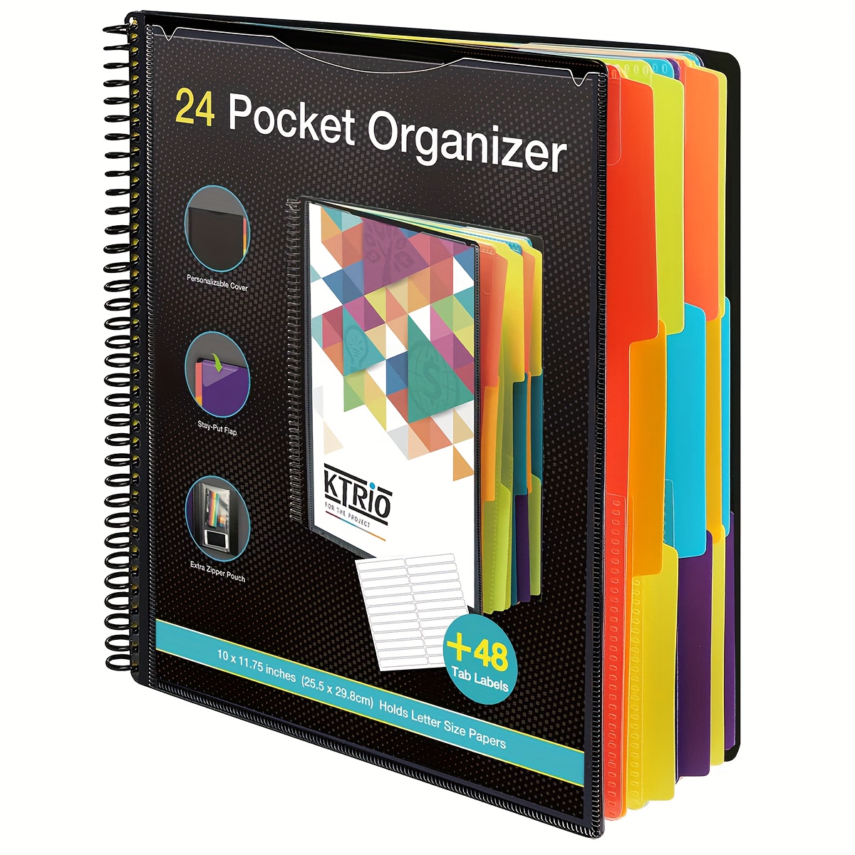 Image of 12/24 Organizer Binder, Loose-leaf Binder, Spiral Project Folder Multi-pocket Loose-leaf Binder, Letter Size, Back Cover With Utility Pockets, 6 Color-separated Tabs, School Supplies