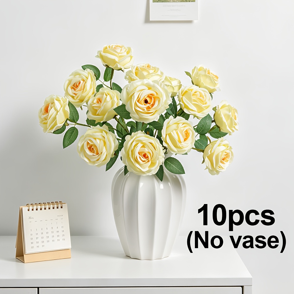 TEMU 10pcs Yellow Artificial Rose Bouquet, 19.69 Inches, Long Stem Silk Rose For Valentine's Day Gift Wedding Bridal Bouquet Home Decor Table