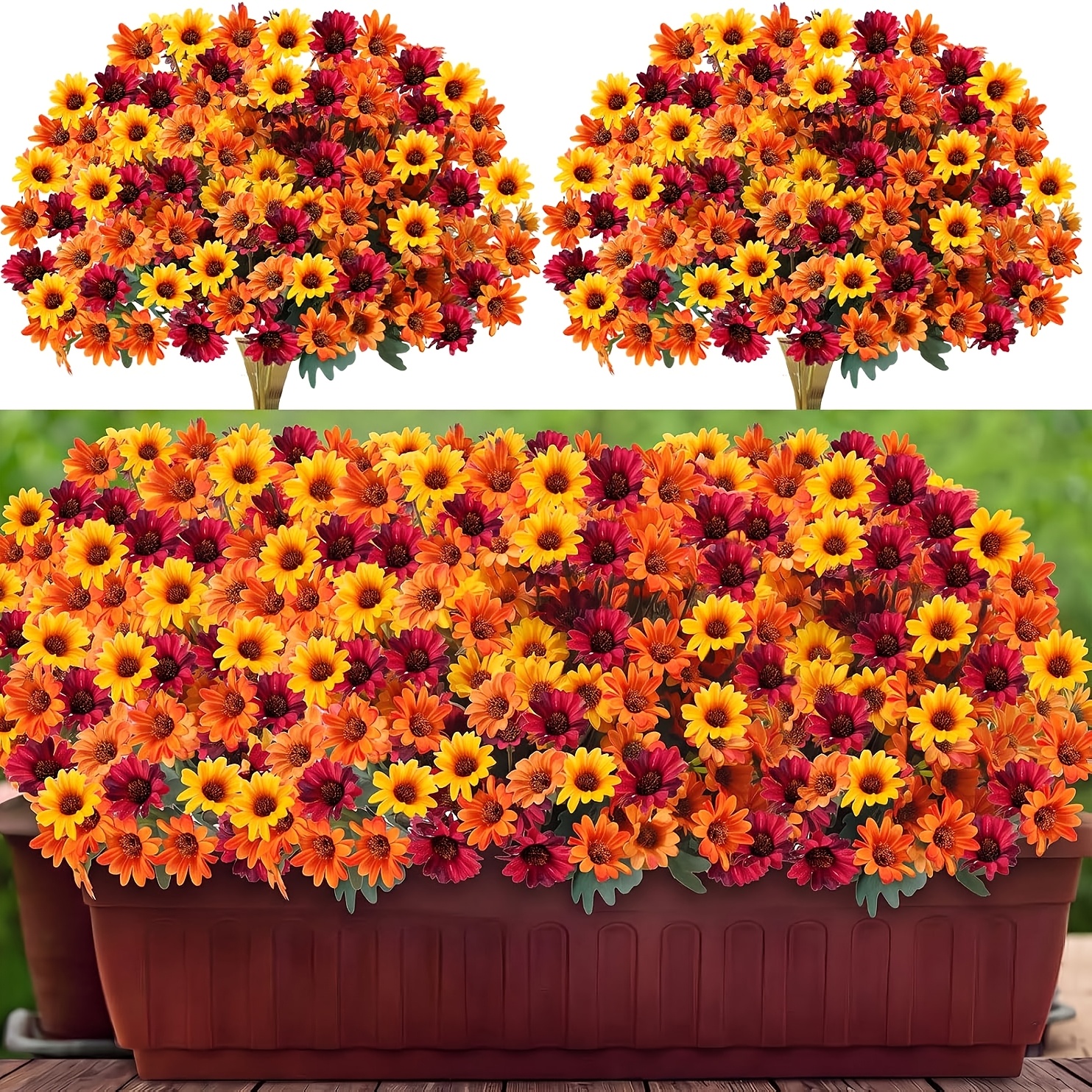 126 flowers 6pcs set of fall artificial flowers for outdoors bulk   daisies uv resistant faux mums for outdoor planters realistic chrysanthemums non fading fall flowers for front door garden patio yard autumn decor