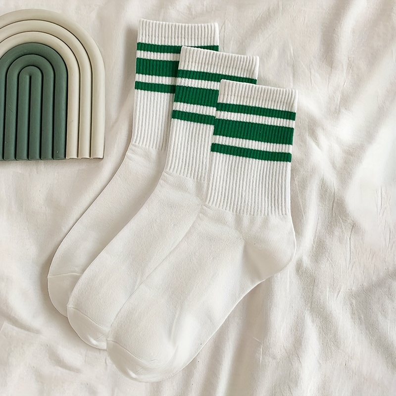 Image of 3 Pairs Of Stylish Striped Pattern High-cushion Mid-calf Socks, Soft And Comfortable Unisex Outdoor Sports Socks
