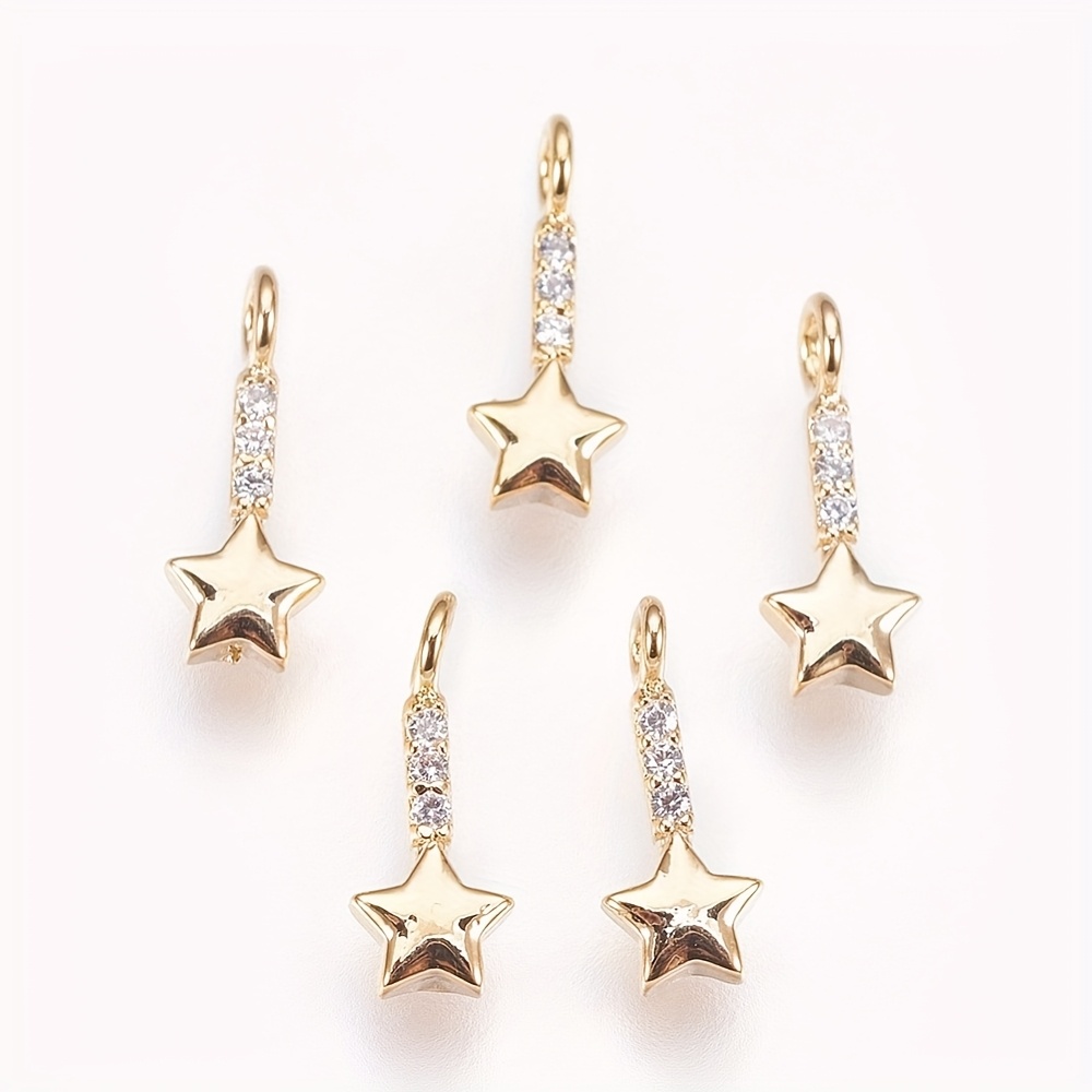 Image of 5pcs 18k Gold Plated Brass Micro Pave Cubic Star Charms Suitable For Making, Necklaces, Bracelets, Earrings & Keychains - Sparkling Micro-pave Cz Stars, 18k Gold Plated Charms For Crafting