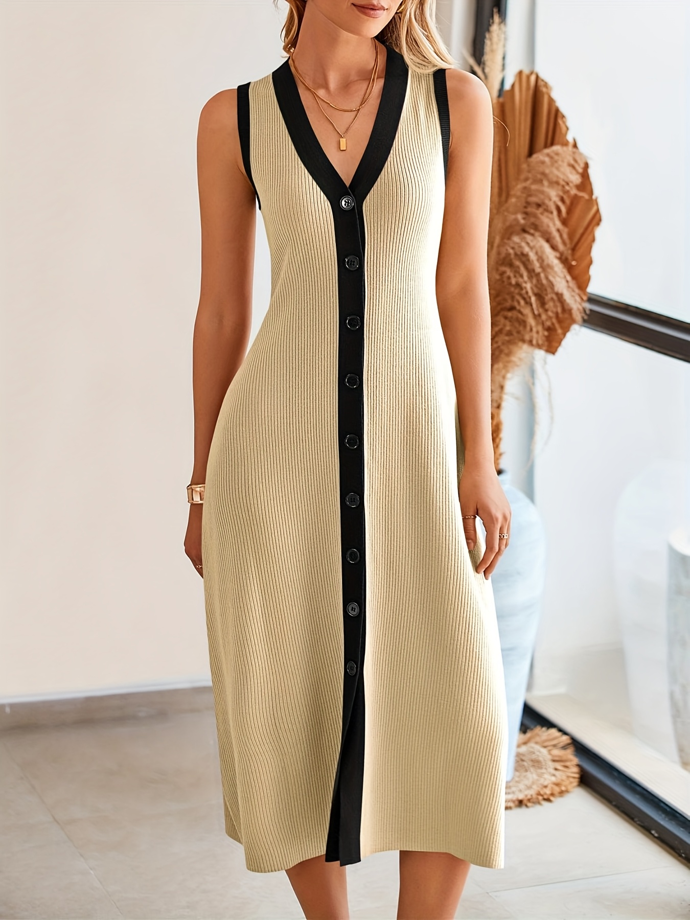 womens v neck sleeveless button front sweater dress ribbed Temu