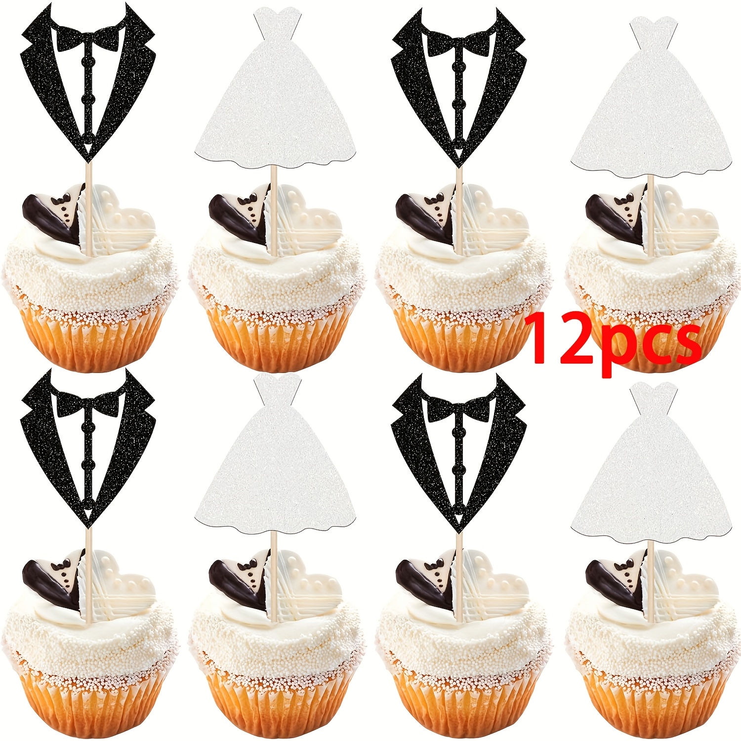 Set Of 12 Decorative Cupcake Toppers Featuring A Glittery Bride And Groom, Perfect For Wedding Celebrations, Bridal Showers, And Engagement Parties