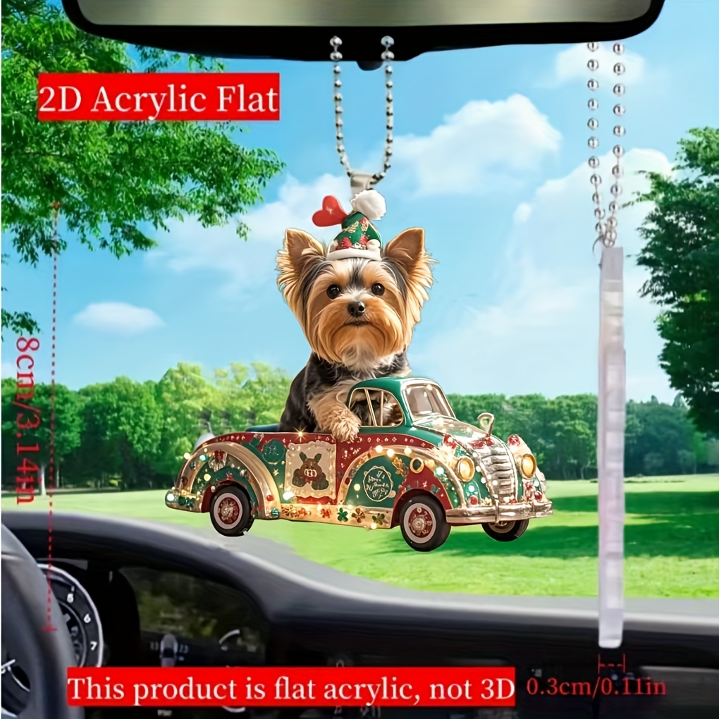 

Festive 2d Acrylic Christmas Car Pendant: Adorable Yorkie In A Vintage Car, Perfect For Hanging On Keys, Mirrors, Or As A Gift - No Power Required