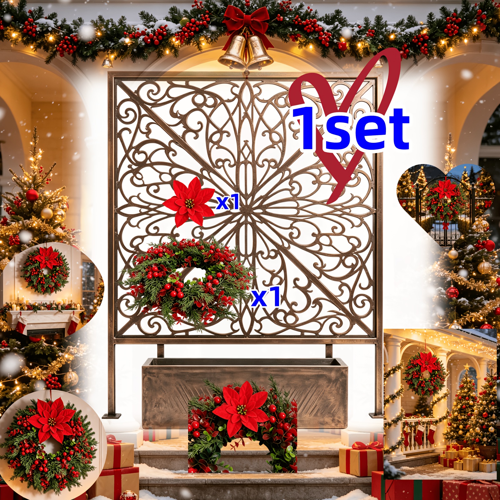 TEMU High-quality Christmas Decorative Wreath, 42cm/16.54inch, Meticulously For A Festive Ambiance! Artificial Poinsettias, Red Berries, And