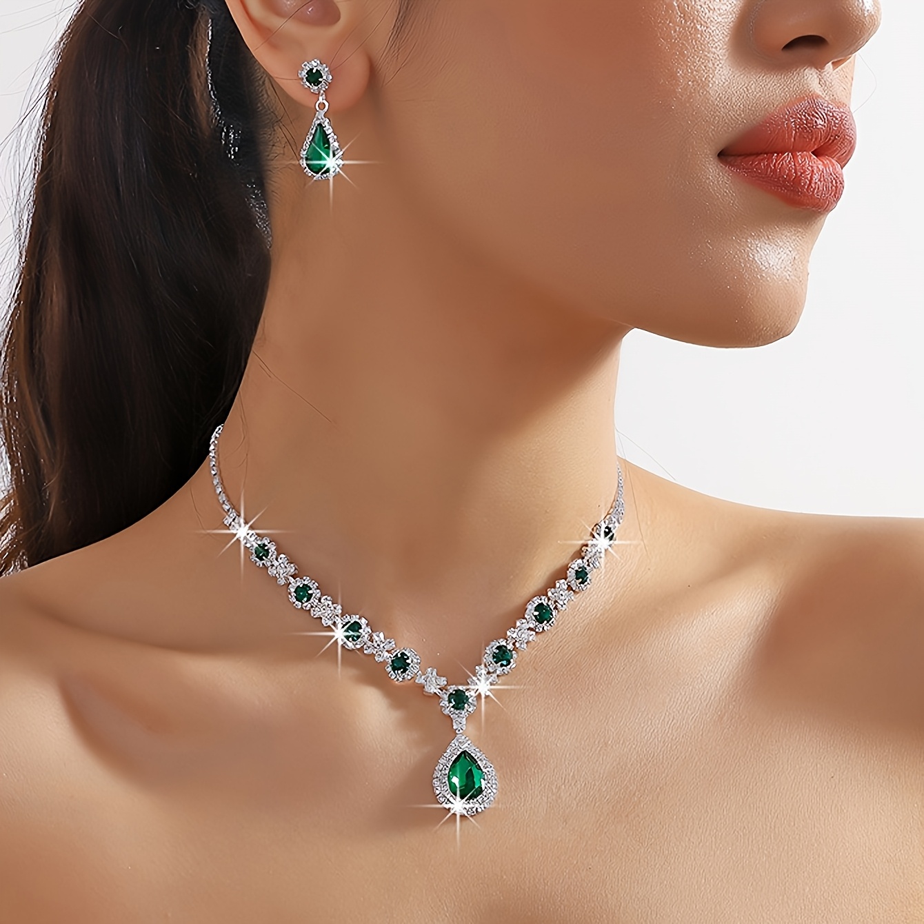 2pcs elegant synthetic gemstone teardrop necklace earrings bracelet set womens jewelry suit suitable for wedding accessories valentines day gift details 0