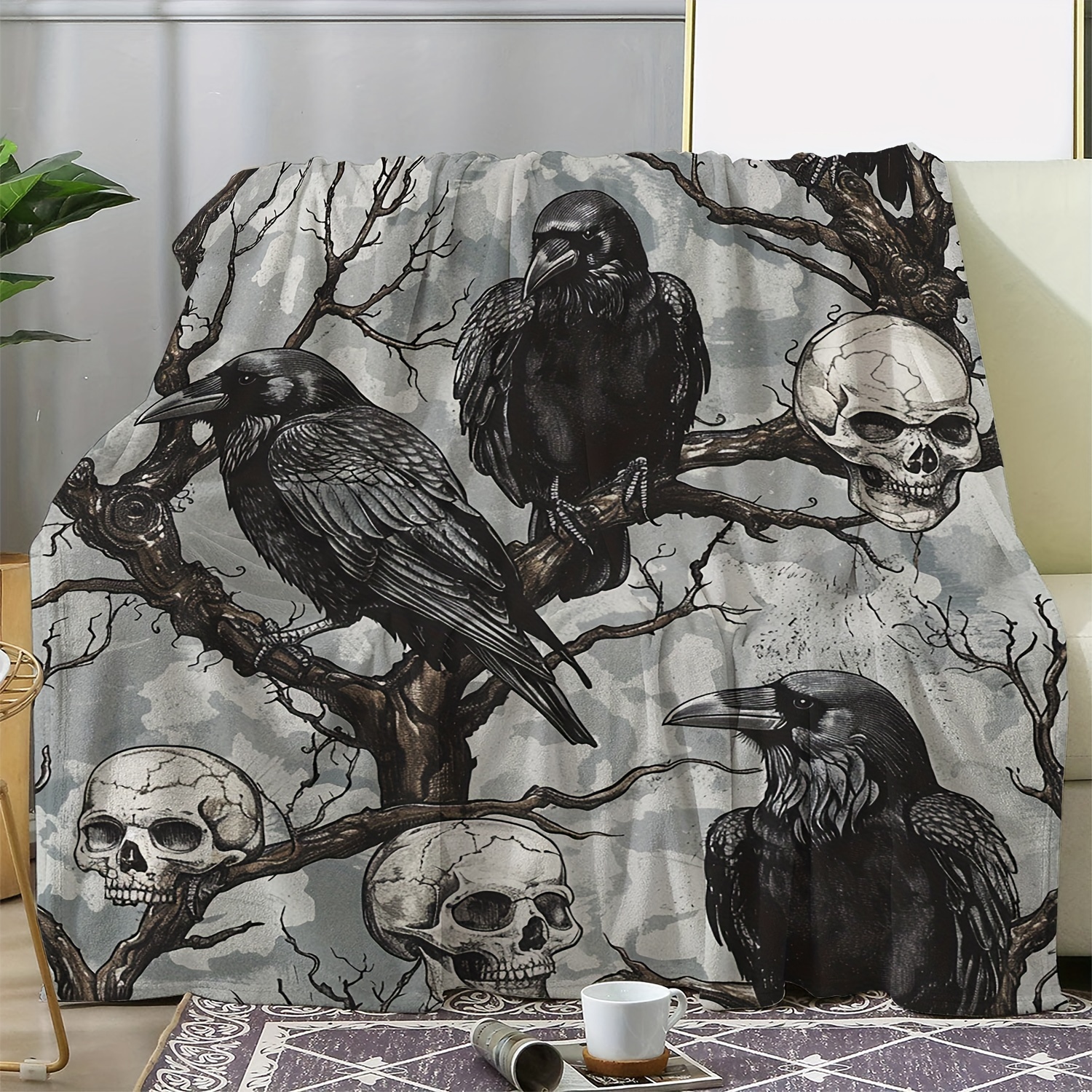 

Cozy Vintage Halloween Flannel Blanket - & Black Crow Print, Soft & Warm For Couch, Bed, Car, Office, Camping | All-season Gift Blanket