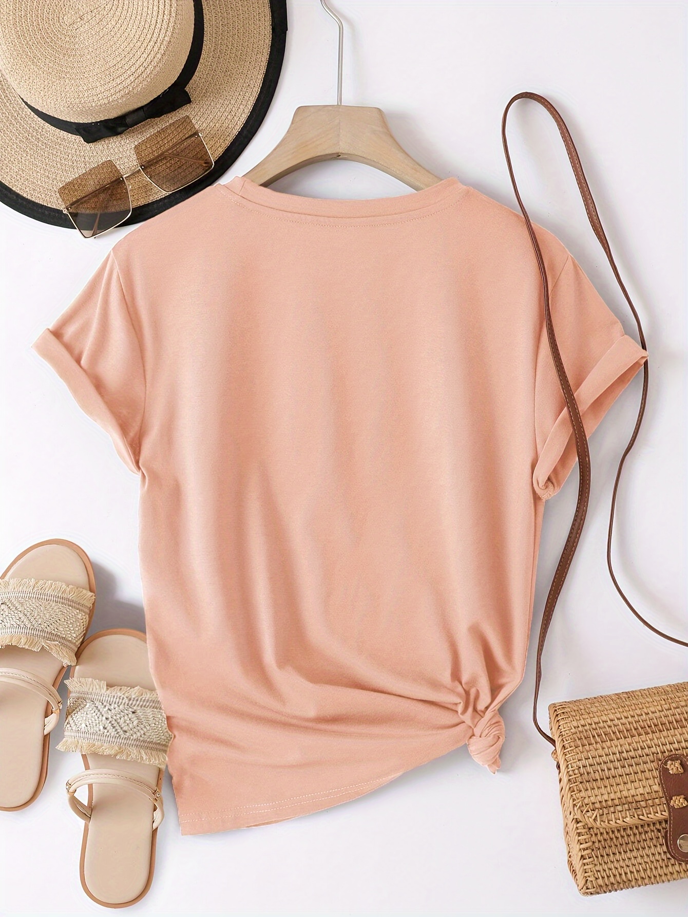 Classic White Round Neck T-Shirt for Women - Versatile & Comfortable Polyester Blend, Easy Care, Knot Detail, Summer Essential