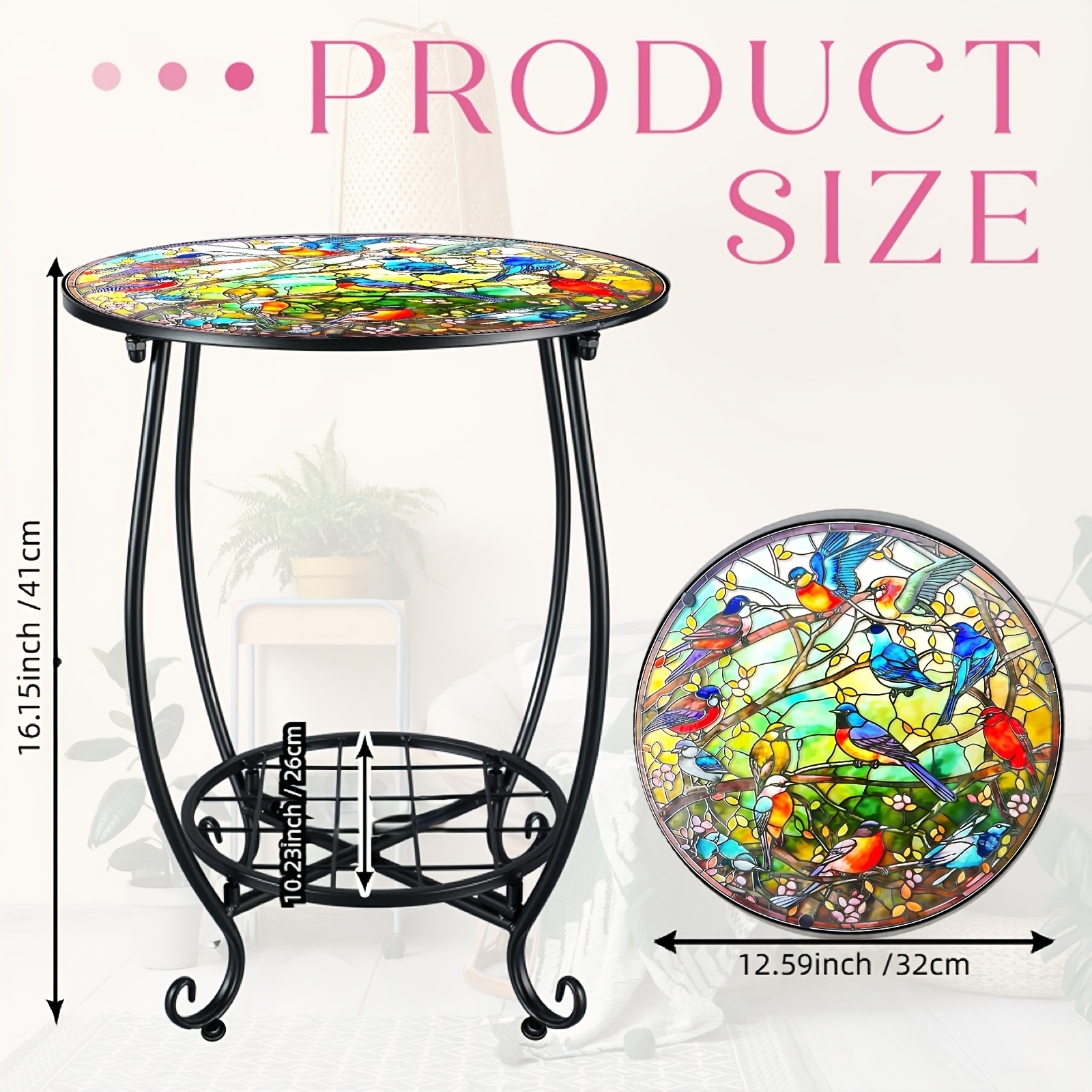 TEMU 1pc Round Metal Garden Side Table 2-tier Outdoor Iron Plant Stand Decorative Painted Colorful Birds Pattern Top Rustproof End Table For Patio