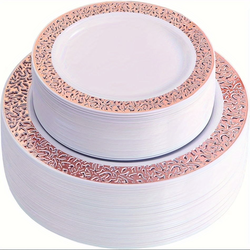 

102pcs Rose Golden Plates - Lace Design Disposable Plastic Plates - Thanksgiving Plates Include 51 Plastic Dinner Plates 10.25inch, 51 Salad Plates 7.5inch Rose Golden Plastic Plates