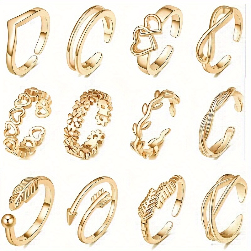 12pcs Set 18K Gold Plated Couple Feet Ring Mixed Minimalist Style Toe Ring, Punk Style Open Couple Feet Ring