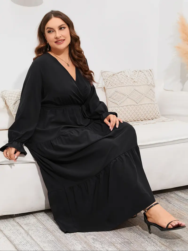 plus black long sleeve ruffle wrap dress Women's Plus Black Long Sleeve Ruffle Wrap Dress