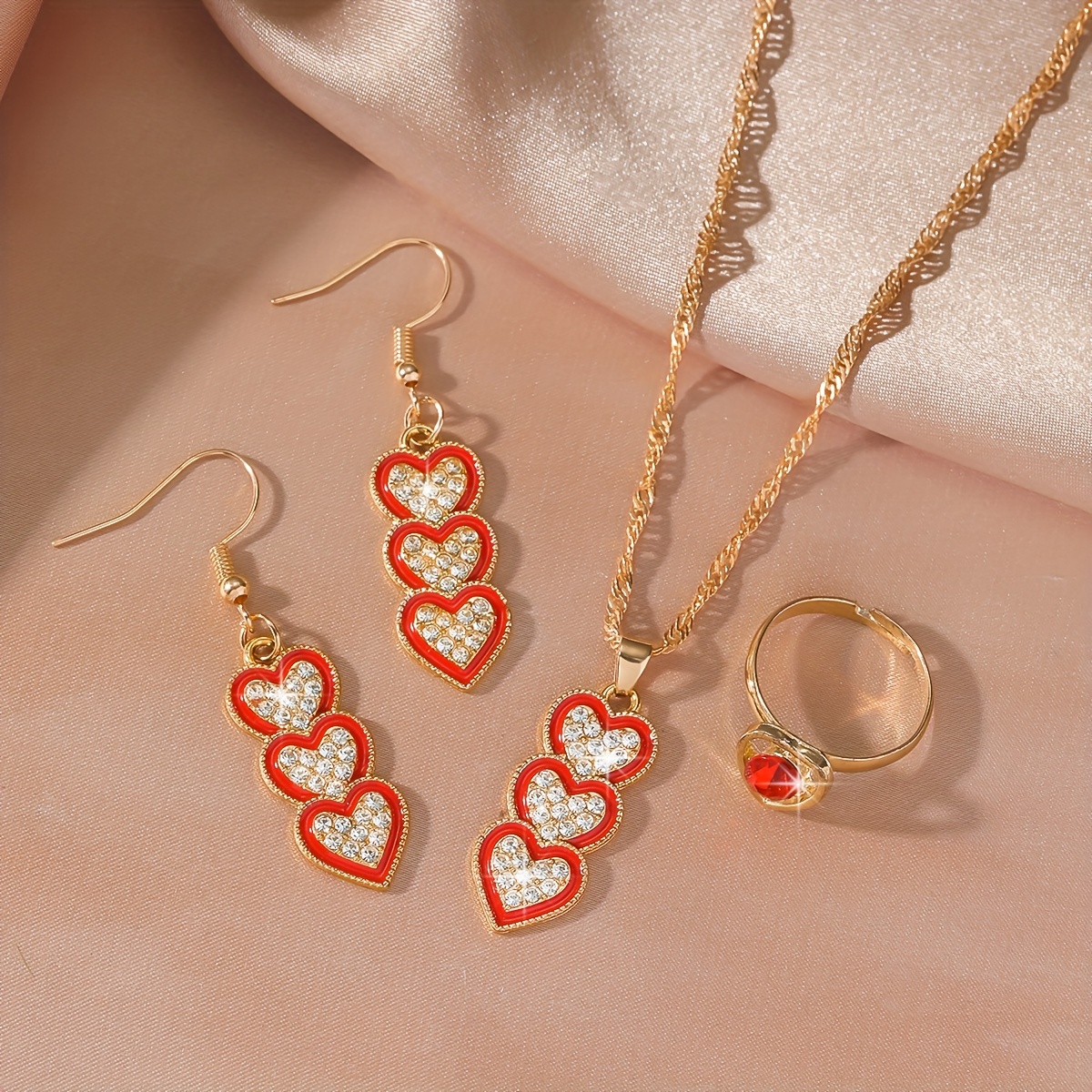 4pcs Elegant Sparkling Jewelry Set - Heart Necklace & Earrings