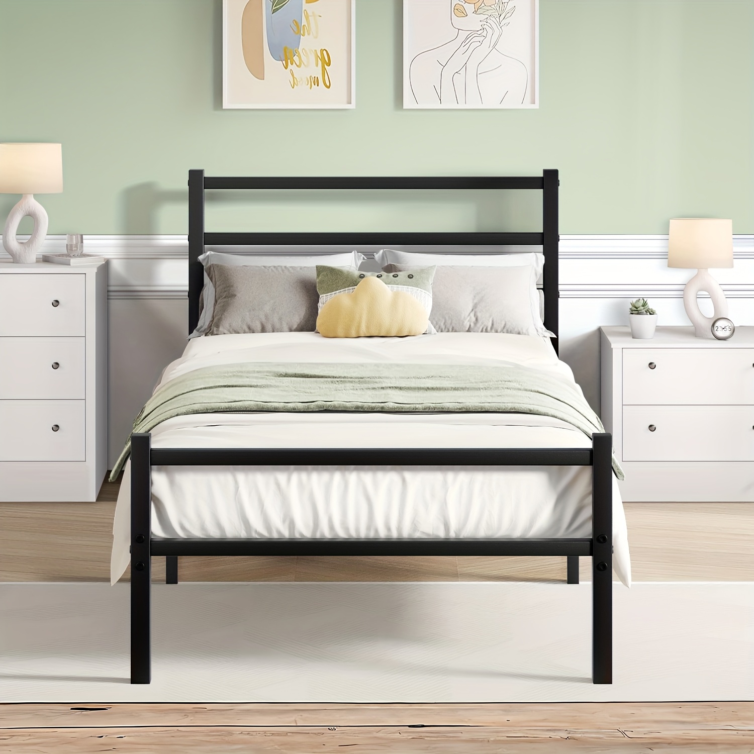 TEMU Twin Bed With Black Cast - , Sturdy Support & Underbed Storage Space, Easy Assembly For Bedroom, Dorm, Small Spaces, Dormitory Furniture, Classic Bedroom Style, No Wood Material